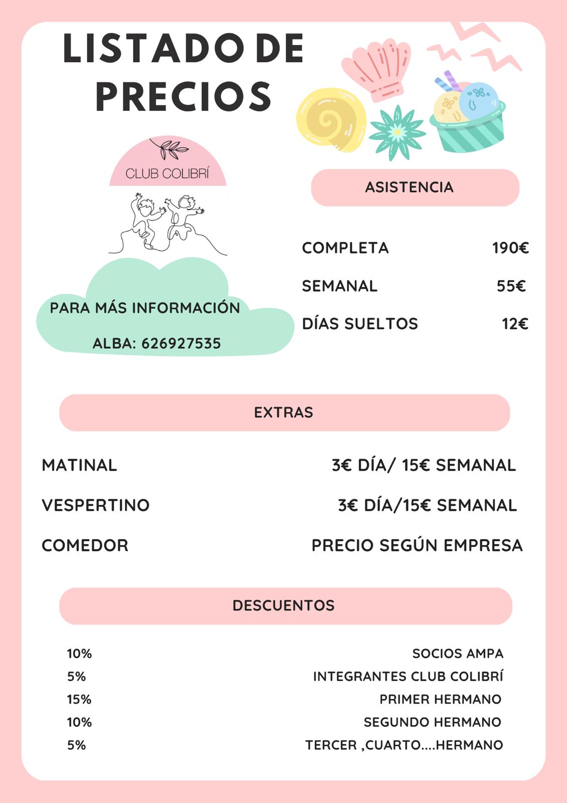 LISTADO DE PRECIOS ESCUELA DE VERANO